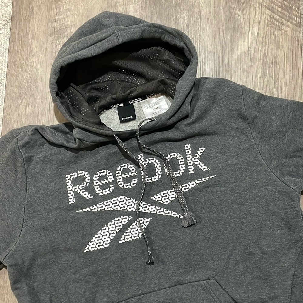 Men Reebok Medium Sweater Hoodie Pullover Gray Grey Cotton Polyester